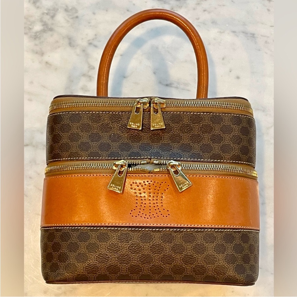 Celine Vintage Macadam Vanity, double compartment, brown/tan leather trim, EUC